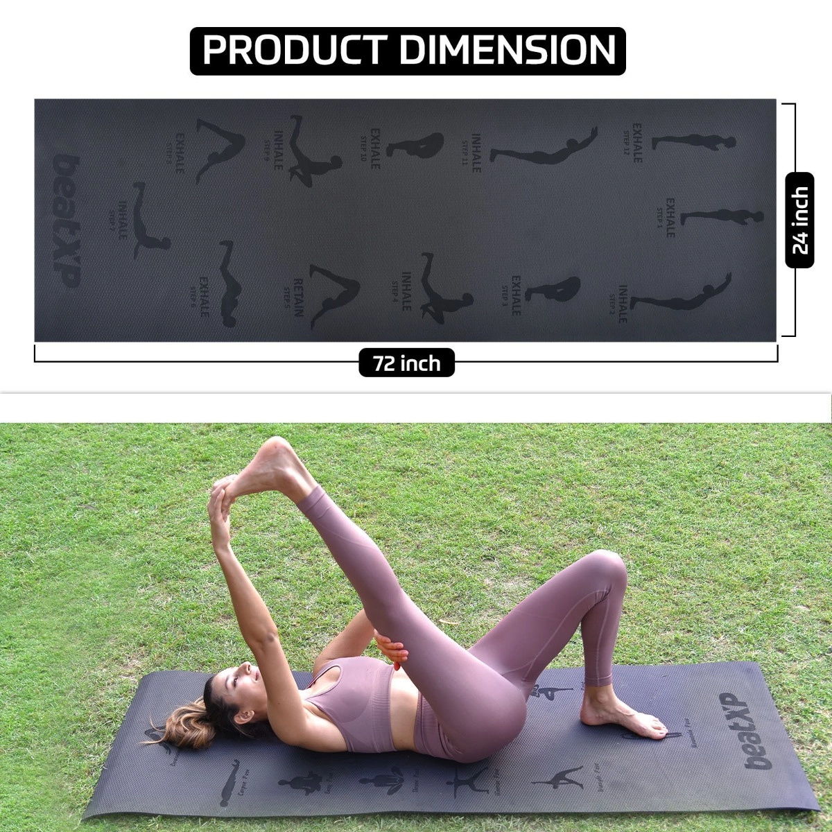 beatXP Surya Namaskar Yoga Mat | Black, Product Dimension 