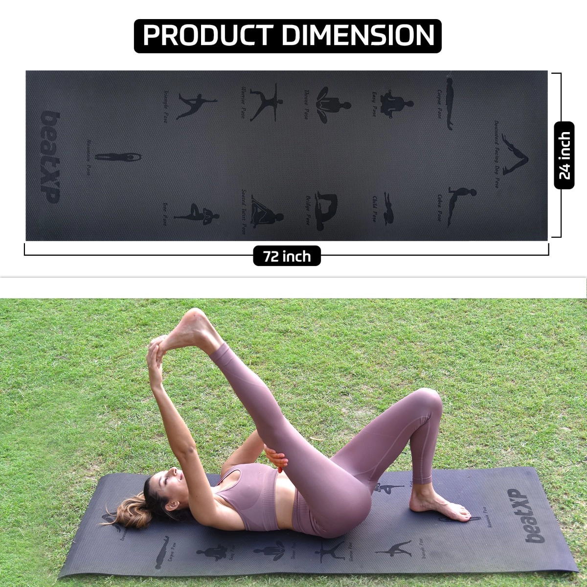 Girl model using beatXP Yoga Asan Mat | Black, Product Dimension 