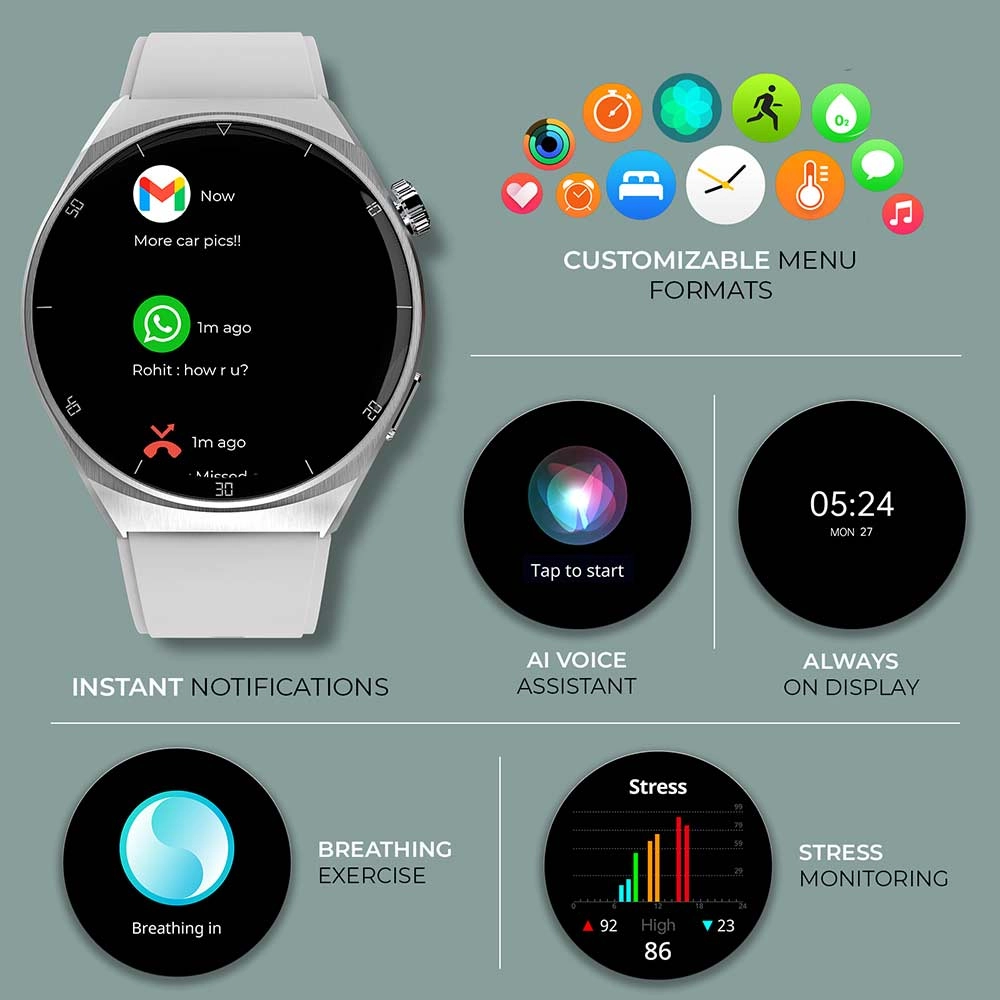 Vega X Smartwatch with 1.43” Round AMOLED Display & BT Calling - Silver