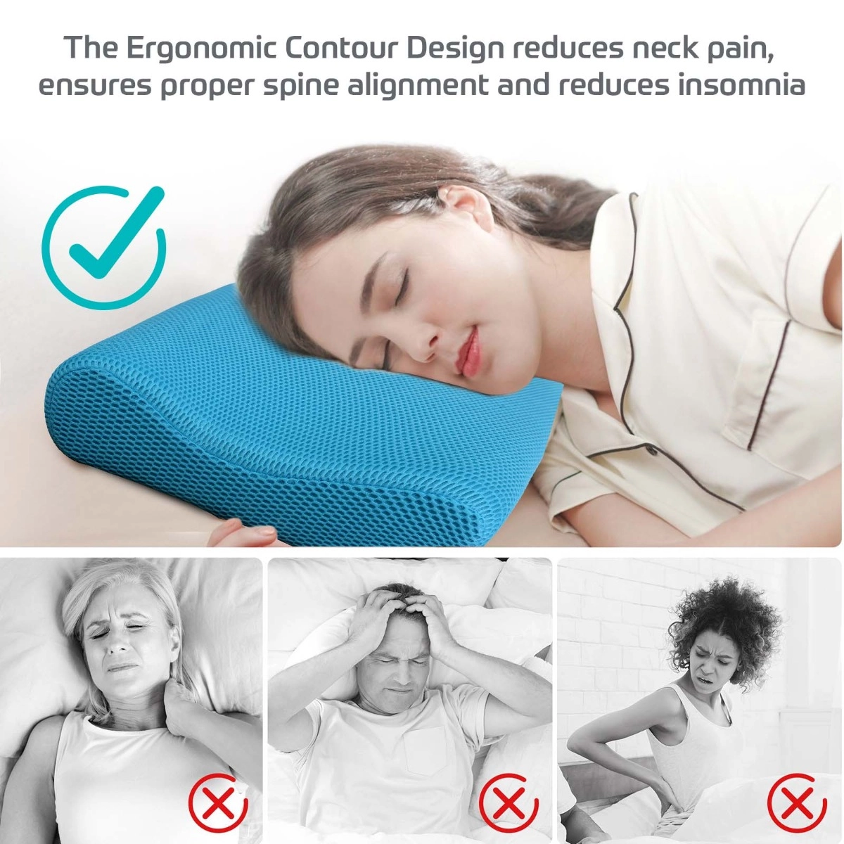 Girl model and beatXP Cervical Pillow - Blue - ergonomic design for reducing neck pain.