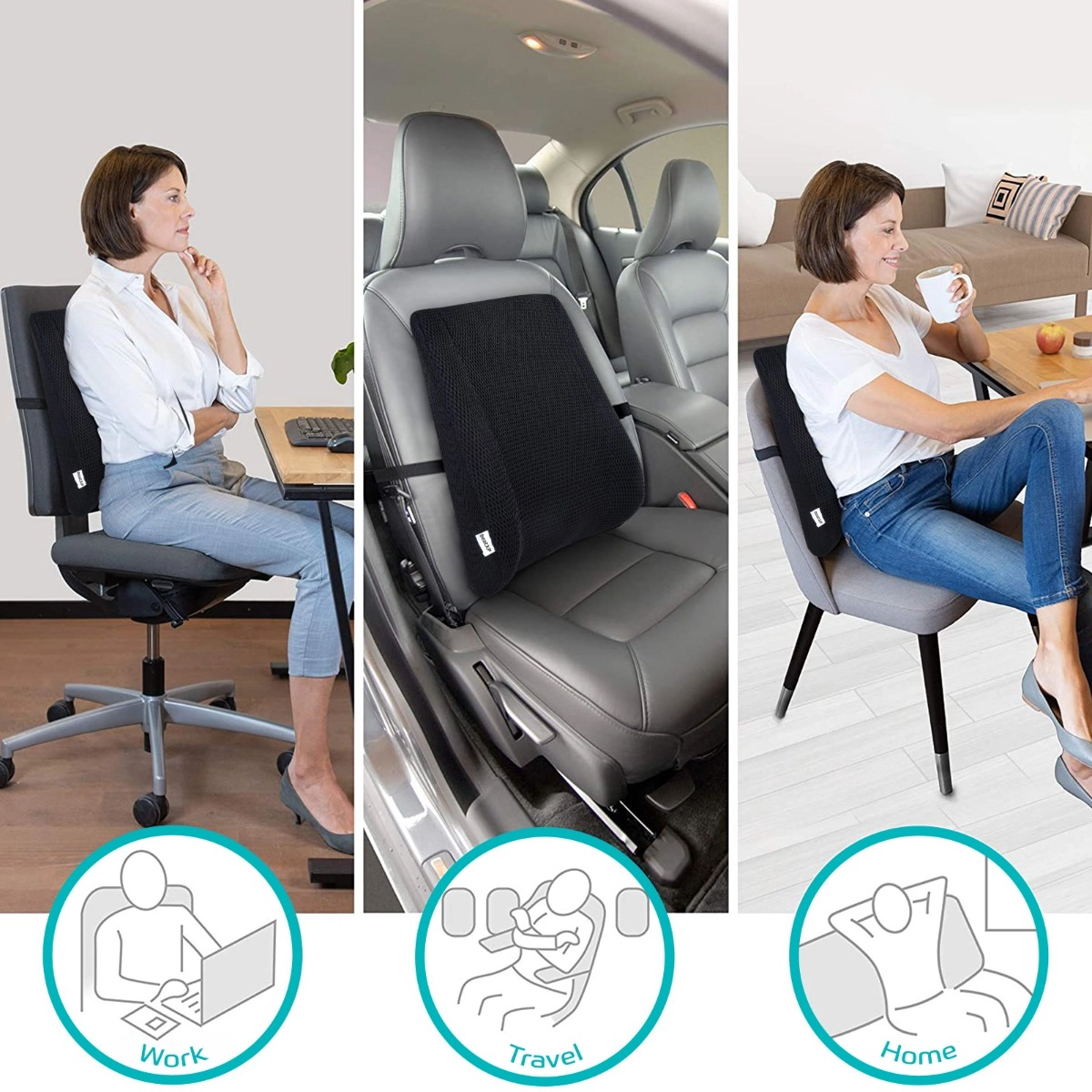 beatXP Mid Lumbar Back Support - Black on a chair and car seat 